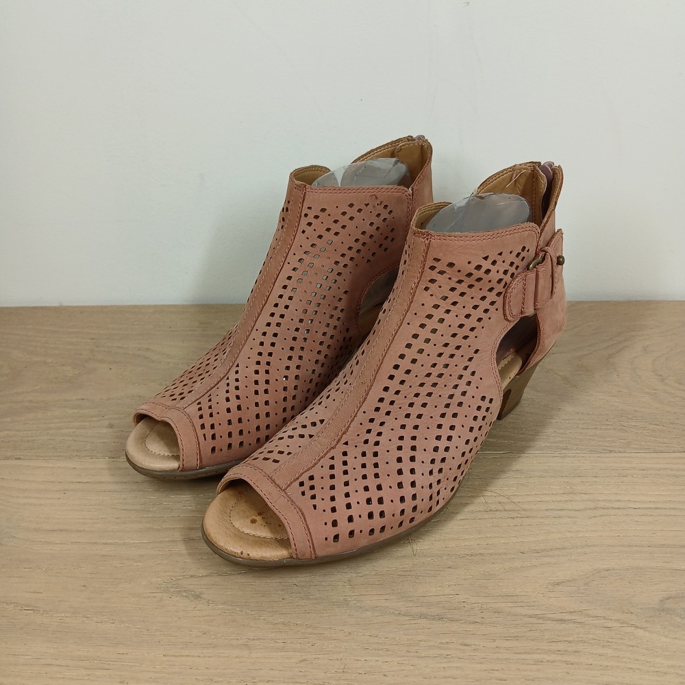 Earth Ankle Booties Womens 8.5 Pink Leather Perforated Open Toe Block Heel